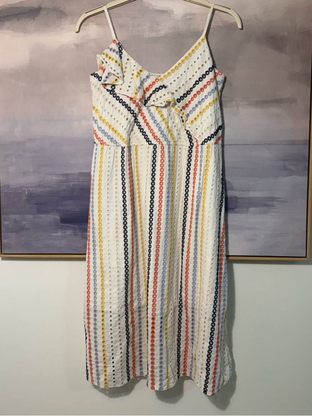 Shoshanna White Cotton Eyelet Midi Dress with Multicolor Stripes with Pockets